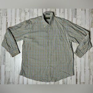 Orvis Men's Casual Button Down Shirt - Blue, yellow, gold checked pattern.